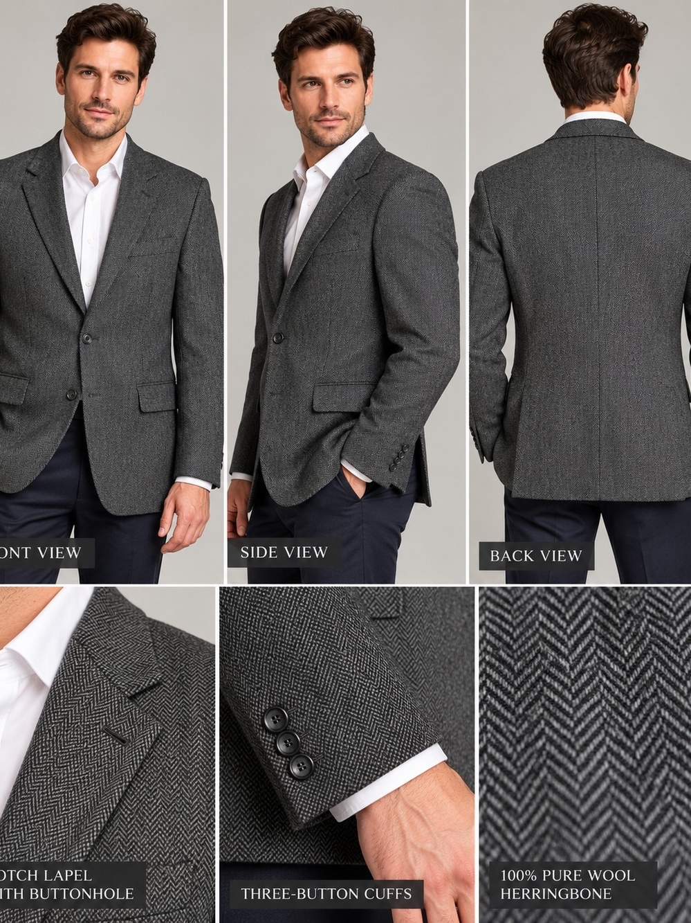 Savile Row Men’s 38R 100% Pure Wool Herringbone Blazer Sport Coat Gray